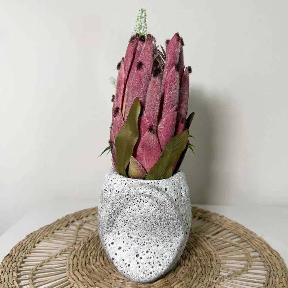 Handmade Artificial Pink Protea in Textured Fish Planter Arrangement